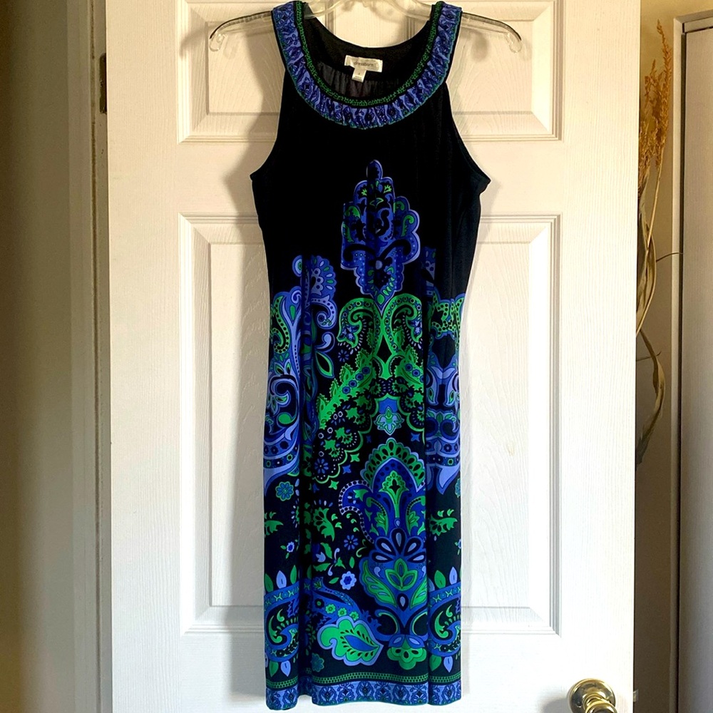 Women’s Dressbarn Black Sleeveless Dress With Purple Lavender Green Pastel Sz 6